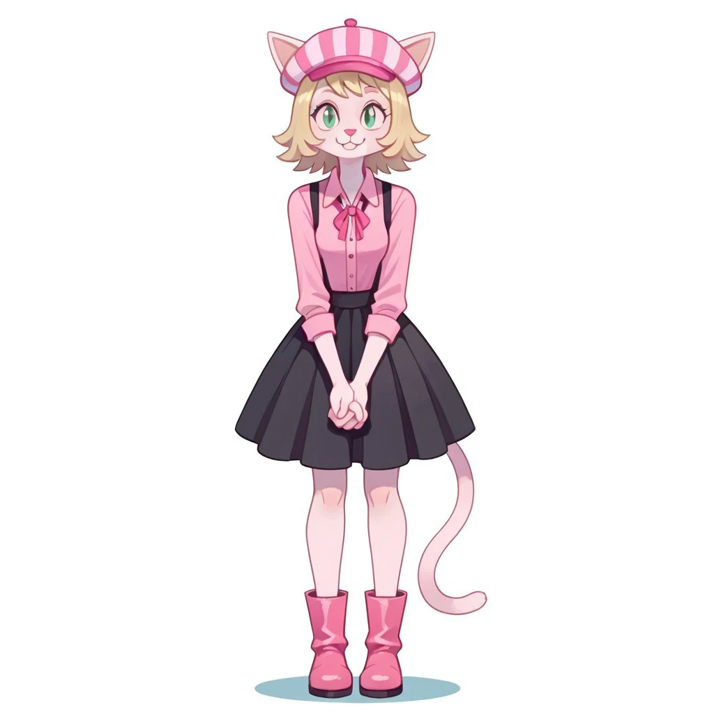 WBeleth(F), solo, 1girl, anthro, female furry, cat, catgirl, white and pink fur, short blonde hair, long striped Pink hat, pink collared shirt, black suspender skirt, pink boots, full body, looking at viewer, standing, smile, :3, hands together, white background,