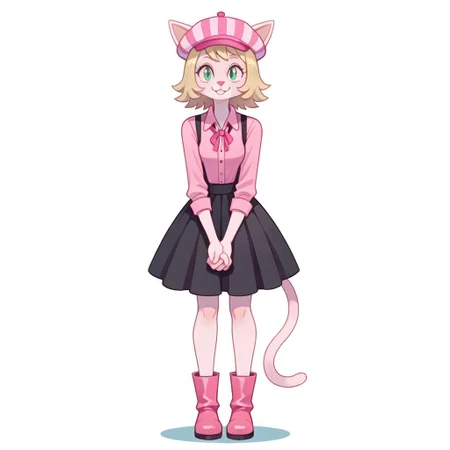 WBeleth(F), solo, 1girl, anthro, female furry, cat, catgirl, white and pink fur, short blonde hair, long striped Pink hat, pink collared shirt, black suspender skirt, pink boots, full body, looking at viewer, standing, smile, :3, hands together, white background,