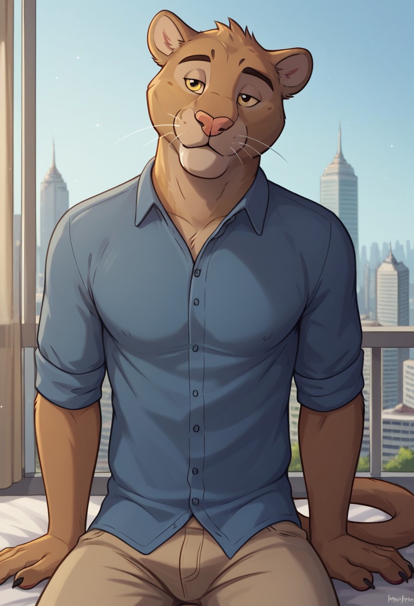 score_9, score_8_up, score_7_up, ArturoHerrera, jaguar, sexy expression, smile, bedroom eyes, blue dress shirt, khakis, brown pants, city skyline background, hi res, detailed eyes, eyes focus, perfect eyes, perfect face, best artwork, highly detailed bedroom