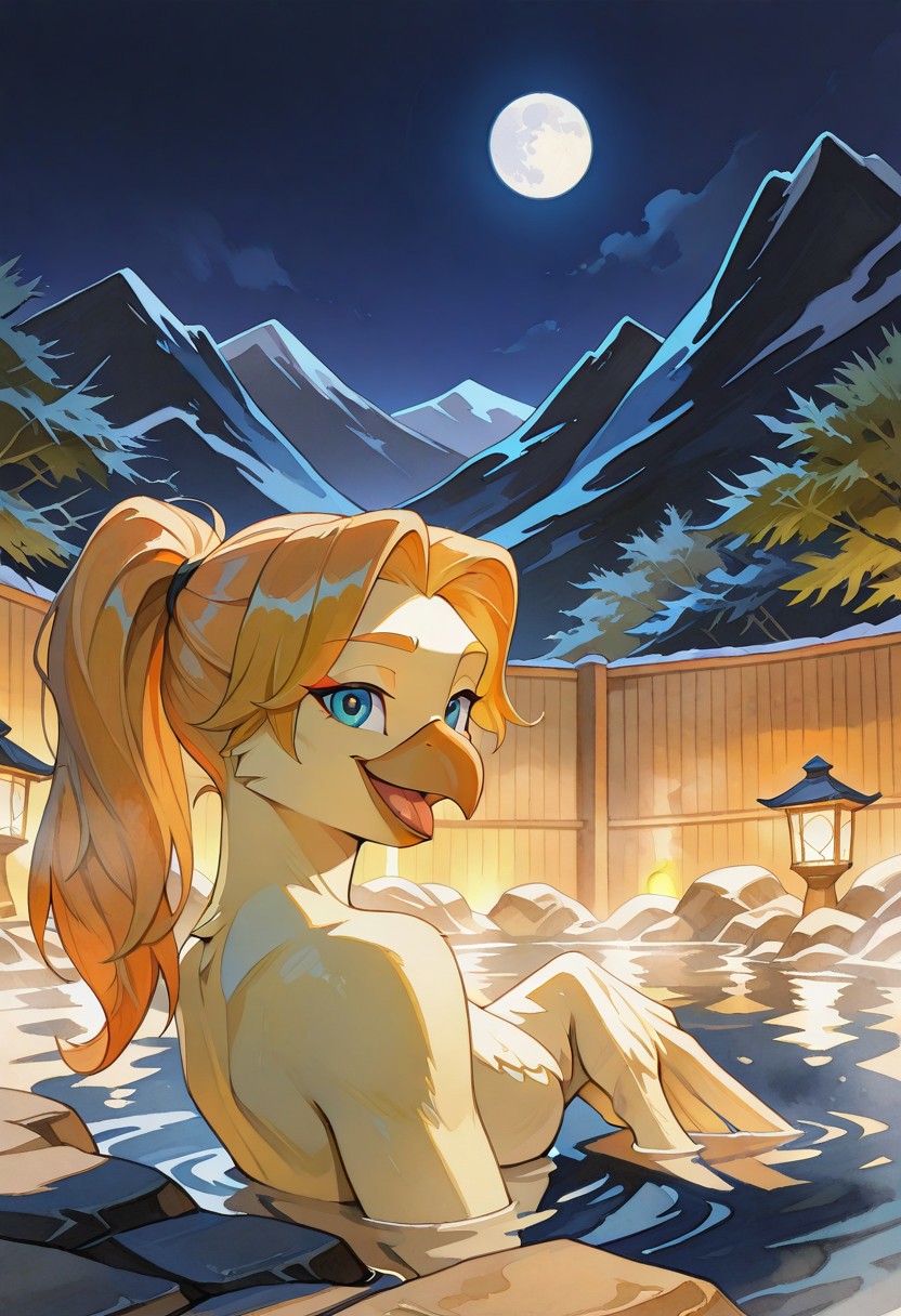 masterpiece, best quality, amazing quality, ultra quality, very aesthetic, absurdres, newest, watercolor \(medium\), traditional media,
1girl,solo, furry,anthro, littlewing:chocobo, avian, beak, light yellow fur, blue eyes, one-tone fur, feathers, long hair, light orange hair, ponytail, light orange eyebrows, narrow eyebrows, feathered arms,
anatomically correct, open mouth, tongue, happy face, happy eyes, completely open eyes,
side view, looking at viewer, Partially submerged, on hot springs, ancient japanese hot springs, outdoors, night, steam, naked, lamp, calm lights, moonlight, mountain chain, moon,