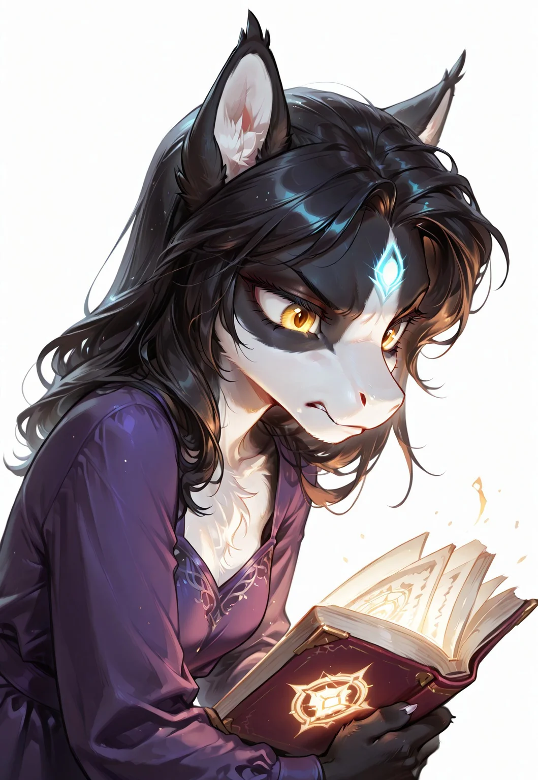 score_9, score_8_up, score_7_up, (solo), sfw, ITMStyle,
BREAK 1girl, Ember (ESO) as ((feral pony, female pony)), anthro, black and white fur, black hair, slim, purple dress, yellow eyes, upper body, head leans forward, reading a spell book, glowing book, looking down, angry
BREAK portrait, face close up, extremely detailed, cinematic soft lighting, simple background, sharp focus, extremely detailed, high detail
BREAK detailed eyes, detailed hair, depth of field, detailed fluffy fur, photorealistic details