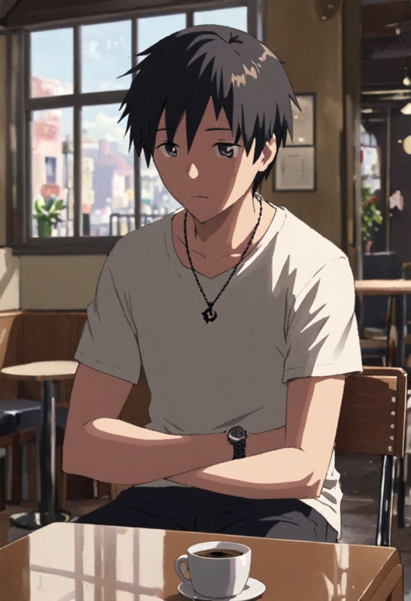 Highres, Masterpiece, High Quality, 4K, 8K, solo, 1Boy, Takaki Toono, adult, black hair, short hair,  cafe, corner cafe, room corner, corner room, hang out, tables, chairs, sofas, pillows, window views, comfortable, coffee cups, casual wear, small simple necklaces, bracelets, watches, easynegative, detailed_eye_model