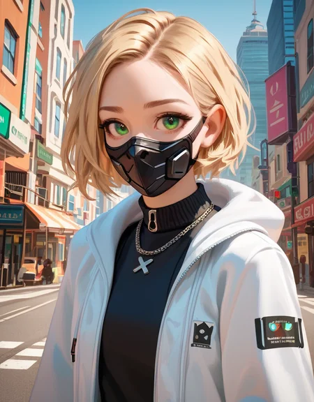 zPDXL2, <lora:TechwearV2:1>, t3chwear,
1girl, cute face, detailed eyes, short blonde hair, green eyes, black face mask, closeup, city in the background