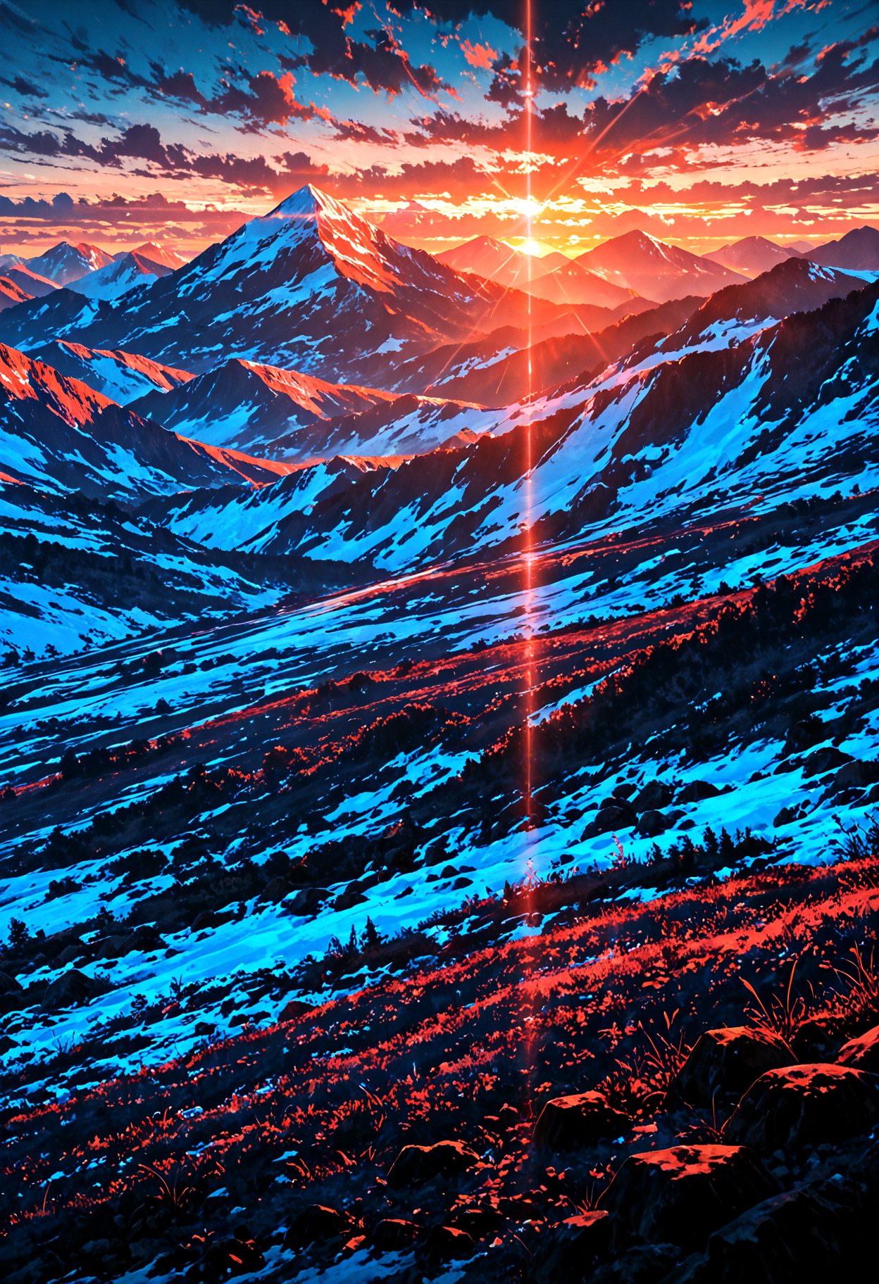 scenery, no humans, mountain, sunset, sidelighting, clear, polarized, (glare:1.4), (limited palette:1.4), masterpiece, best quality, amazing quality, very aesthetic, absurdres, newest,