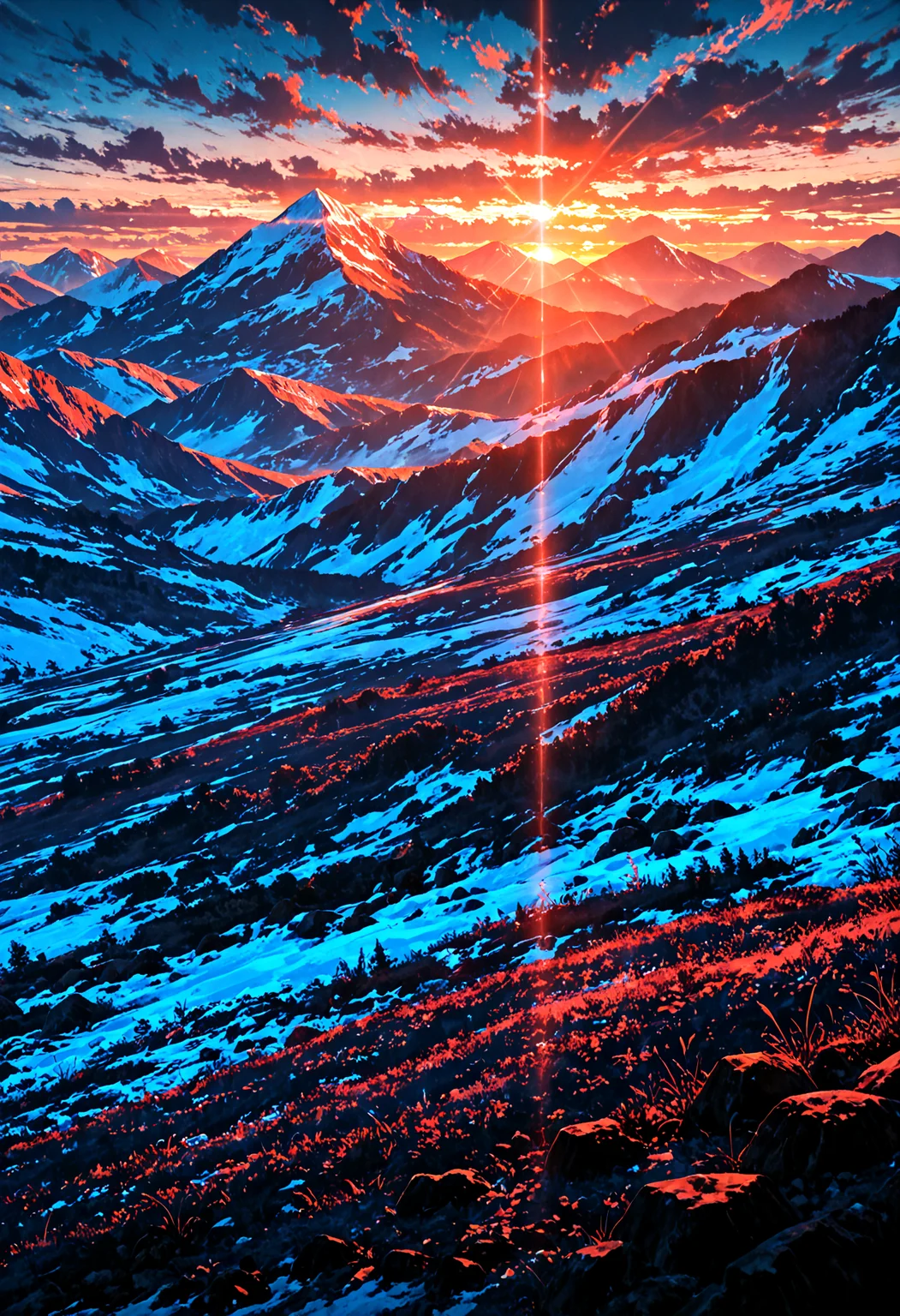 scenery, no humans, mountain, sunset, sidelighting, clear, polarized, (glare:1.4), (limited palette:1.4), masterpiece, best quality, amazing quality, very aesthetic, absurdres, newest,