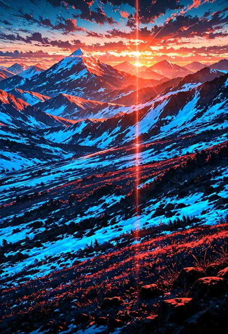 scenery, no humans, mountain, sunset, sidelighting, clear, polarized, (glare:1.4), (limited palette:1.4), masterpiece, best quality, amazing quality, very aesthetic, absurdres, newest,