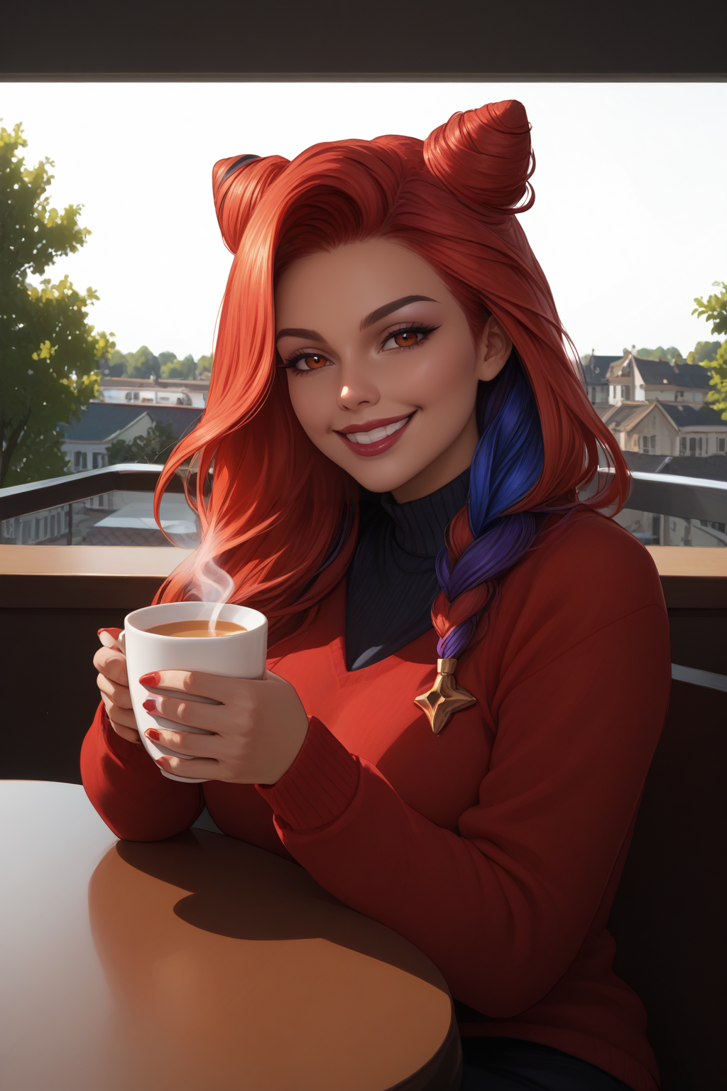 score_9, score_8_up, score_7_up, masterpiece, high quality, extreme detail, absurdres, (detailed skin texture) BREAK realistic
 <lora:Soul Fighter SamiraPonyLoRA:1>SFSmira, long hair, multicolored hair, braided ponytail, double bun, hair ornament, sweater, jaeans, sitting, in a cafe, holding a cup of tea, smile
