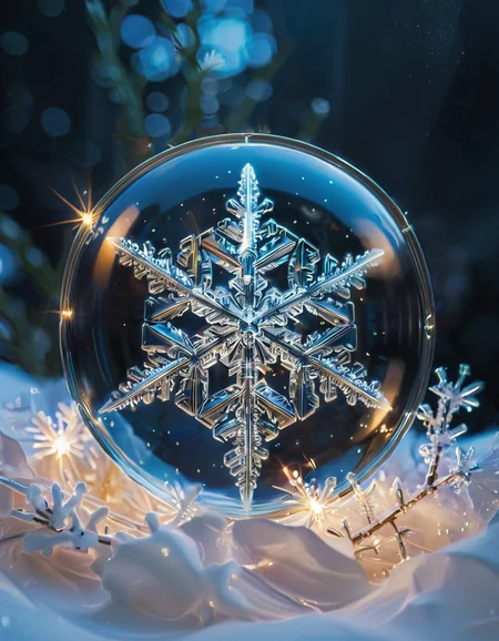 (high quality), (masterpiece), (detailed),8K, An award-winning glowing snowflake, encased in a perfectly transparent glass bubble, floats delicately within a surreal winter setting. Its intricate, symmetrical crystalline patterns radiate a mesmerizing, golden luminosity, blending warm hues of amber, peach, and soft rose that glow softly through the glass. The bubble is adorned with delicate frost patterns along its edges, reflecting and refracting the snowflake’s warm light, casting a magical aura on its surroundings. Encased within, the snowflake sparkles with fine detail, as if suspended in time, evoking feelings of joy, serenity, and wonder, captivating all who witness this breathtaking masterpiece, glowneon, geometric, GlowingInk