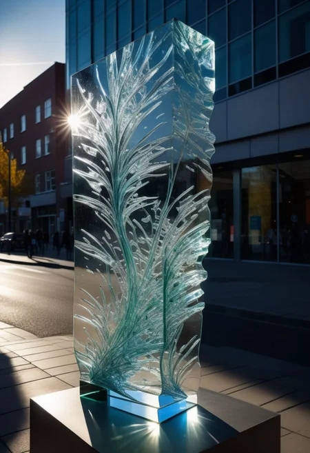Streetview, a sculpture made of glass, dispersion phenomena, Dramatic light, cinematic, detailed texture, masterpiece,