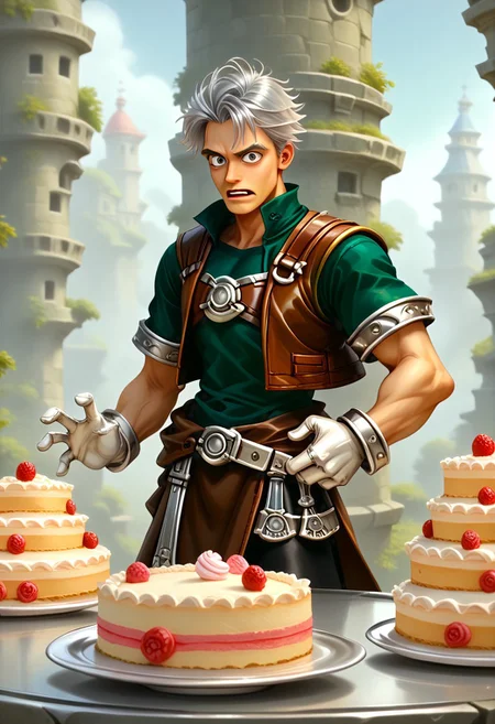 score_9, score_8_up, score_7_up, raymanstyle,, male focus, toned male, natgra2, gray eyes, short hair, silver hair, steel greaves, plated footwear, brown skirt, black pants, green shirt, brown leather vest, silver belts, white gloves, silver chest plate, surprised expression, eating cake
