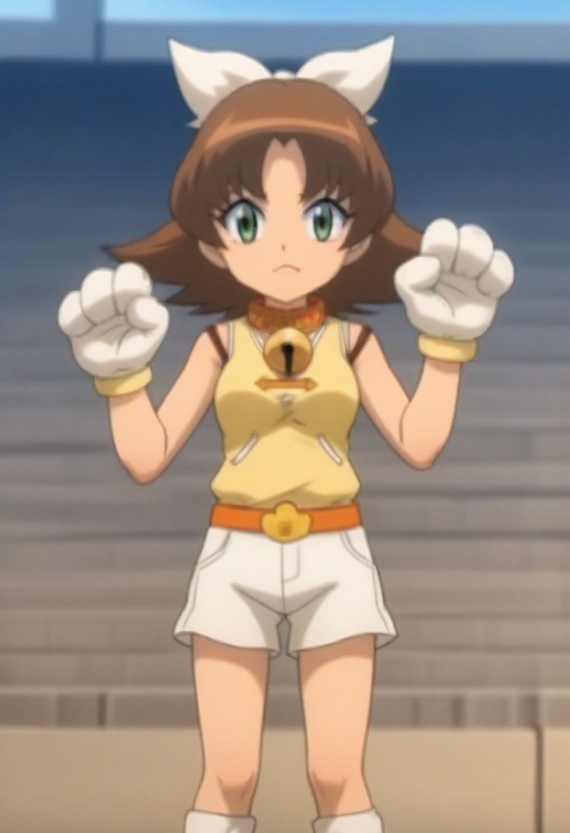 source_anime, anime screencap, source_anime, auratheguillotine, anime screencap, masterpiece, source_anime, shiny skin,,,,,,,,, bare shoulders,,, motti, brown hair, green eyes, nekoguchi, bell collar, orange collar, bangs, hair ribbon, white ribbon, medium hair, yellow tank top, tank top, exposed arms, sleeveless,, white shorts, orange belt, white boots, white gloves, one paw glove, one fingerless glove,