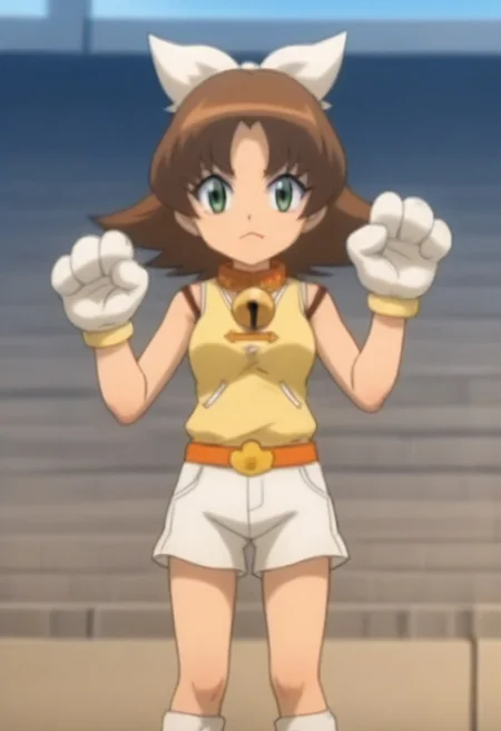 source_anime, anime screencap, source_anime, auratheguillotine, anime screencap, masterpiece, source_anime, shiny skin,,,,,,,,, bare shoulders,,, motti, brown hair, green eyes, nekoguchi, bell collar, orange collar, bangs, hair ribbon, white ribbon, medium hair, yellow tank top, tank top, exposed arms, sleeveless,, white shorts, orange belt, white boots, white gloves, one paw glove, one fingerless glove,