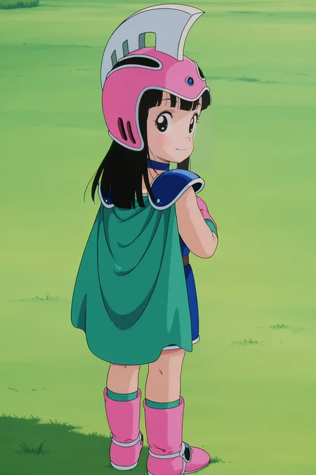 anime screencap, absurdres, high quality, official style,
chi-chi, aged down, female child, 1girl, solo, looking at viewer, smile, black hair, standing, boots, outdoors, looking back, from behind, armor, black eyes, helmet, shoulder armor, pauldrons, pink footwear, pink headwear, pink gloves, green cape, 1980s \(style\), anime coloring, grass, blue choker, eyelashes, green armwear, bare legs,
 <lora:Chi_Chi_IL:0.8>
