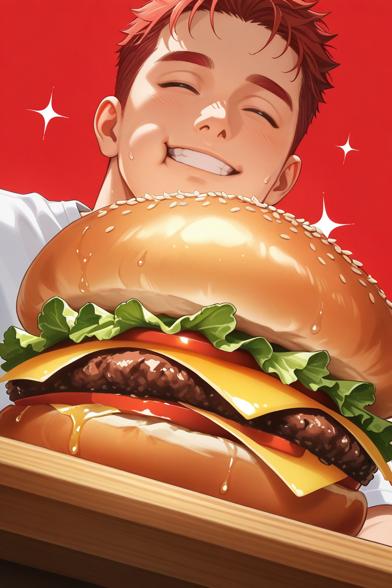 realistic shading, natural lighting, food focus, dafoodie, sparkling food focus, sparkle, male focus, red hair, closed eyes, manly, 1boy, smiling, eating. happy, holding burger, chewing, puffy cheeks, wet, waterdroplet, simple red background, from below, dutch angle, dynamic angle, intricately detailed illustration, depth of field, atmospheric perspective, masterpiece, best quality, amazing quality, very aesthetic, absurdres, newest