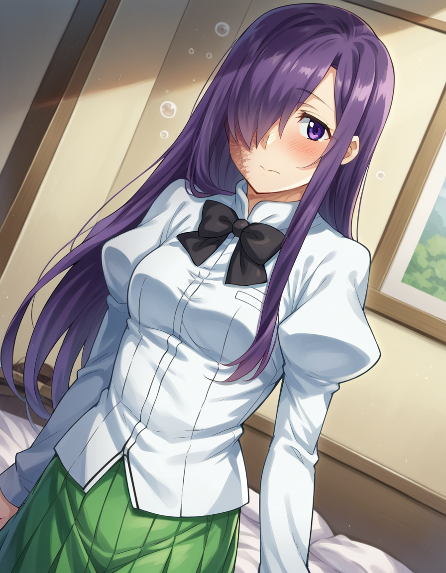 score_9, score_8_up, score_7_up, source_anime,
hanakoikezawa, <lora:hanako-ikezawa-ingame-ponyxl-lora-nochekaiser:1>,
hanako ikezawa, hair over one eye, long hair, purple eyes, purple hair, scar,
pantyhose, school uniform, skirt, shirt, long sleeves, white shirt, juliet sleeves, green skirt, pleated skirt, bow, bowtie, black bowtie,
indoors, bed, bed room, on side, blush, drunk,
looking at viewer, cowboy shot, dutch angle, solo,