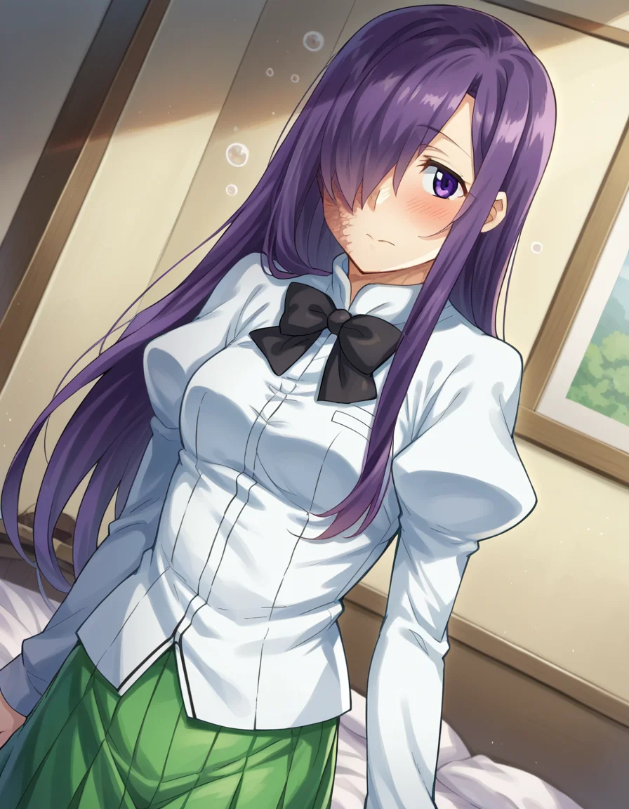 score_9, score_8_up, score_7_up, source_anime,
hanakoikezawa, <lora:hanako-ikezawa-ingame-ponyxl-lora-nochekaiser:1>,
hanako ikezawa, hair over one eye, long hair, purple eyes, purple hair, scar,
pantyhose, school uniform, skirt, shirt, long sleeves, white shirt, juliet sleeves, green skirt, pleated skirt, bow, bowtie, black bowtie,
indoors, bed, bed room, on side, blush, drunk,
looking at viewer, cowboy shot, dutch angle, solo,