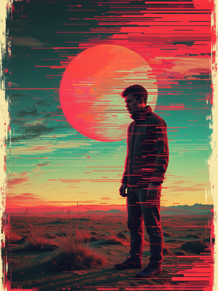 a digitally glitched graphic novel illustration of a man wandering the wasteland alone. gl1tchc0re <lora:Glitchcore_Flux:1>
