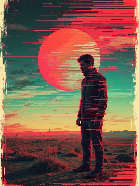 a digitally glitched graphic novel illustration of a man wandering the wasteland alone. gl1tchc0re <lora:Glitchcore_Flux:1>