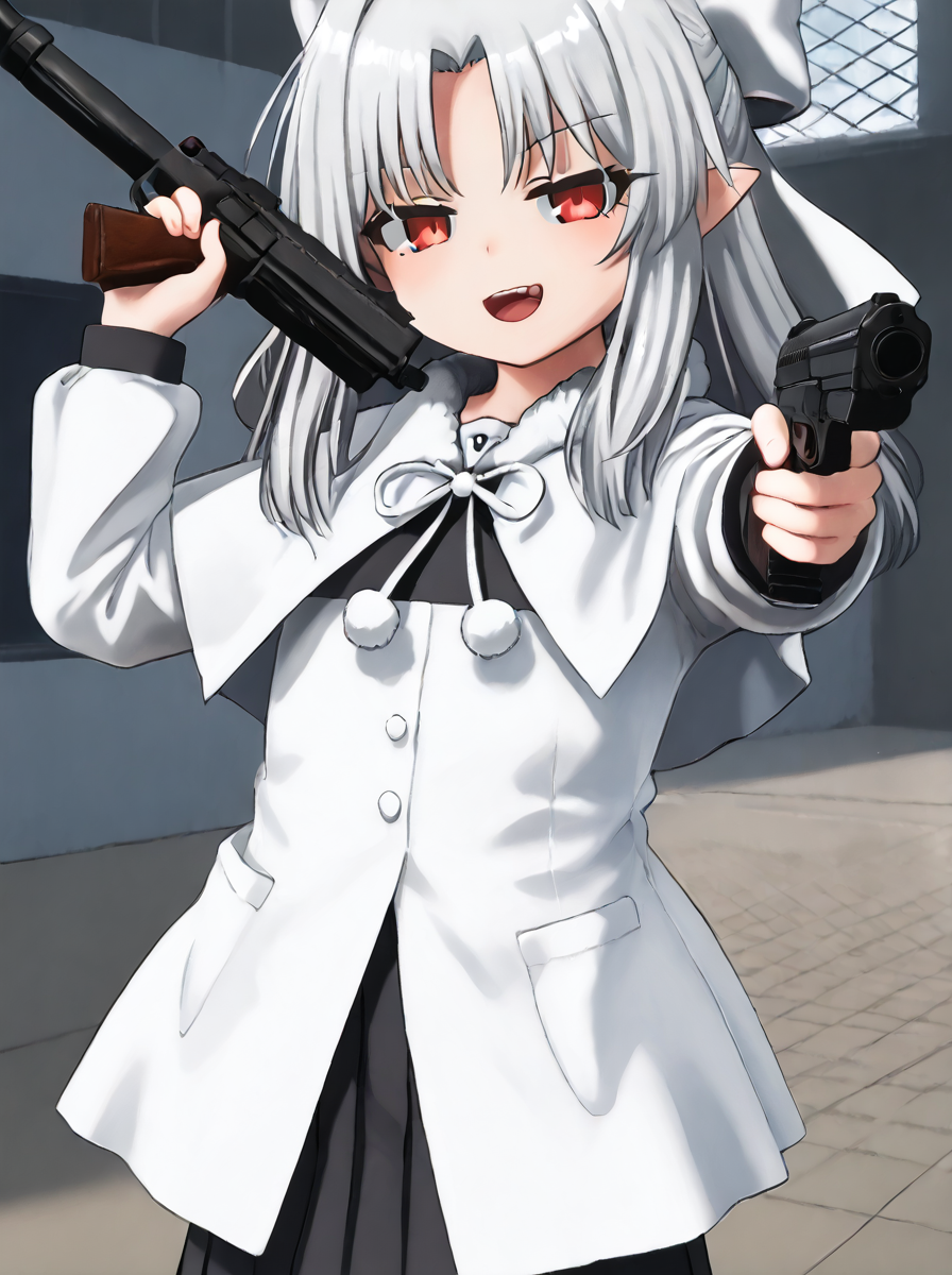 detailed background,
<lora:len.pony:1>
len, shiro,  
<lora:nanako.pony:1>
nanako, 
holding gun, smug, half-closed eyes, aiming at viewer, gun to viewer, open mouth,