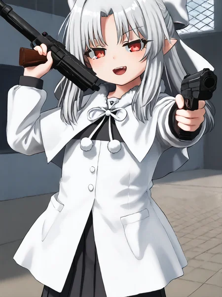 detailed background,
<lora:len.pony:1>
len, shiro,
<lora:nanako.pony:1>
nanako,
holding gun, smug, half-closed eyes, aiming at viewer, gun to viewer, open mouth,