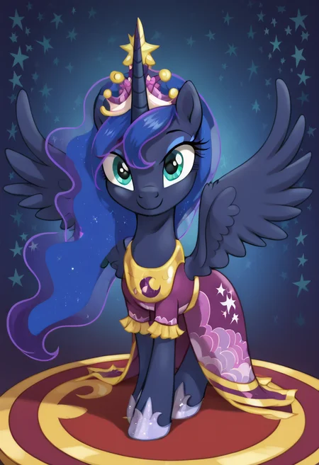 score_9, score_8_up, score_7_up, score_6_up, score_5_up, score_4_up, my little pony, ((feral pony)), 1girl, ((solo)), (sexy),beautifully detailed, (detailed cute pony face), ((detailed blue starry background:1.5)), ((woman)), high angle, (cute smile:1.0), ((up-close)) 1girl, ((solo)), (sexy), full body, <lora:coronation_dress:1>Princess Luna,purple dress decorated with stars and gold elements golden crown
<lora:OtherStyle_01:1> <lora:Wholesome_MLP-v1.0:1>