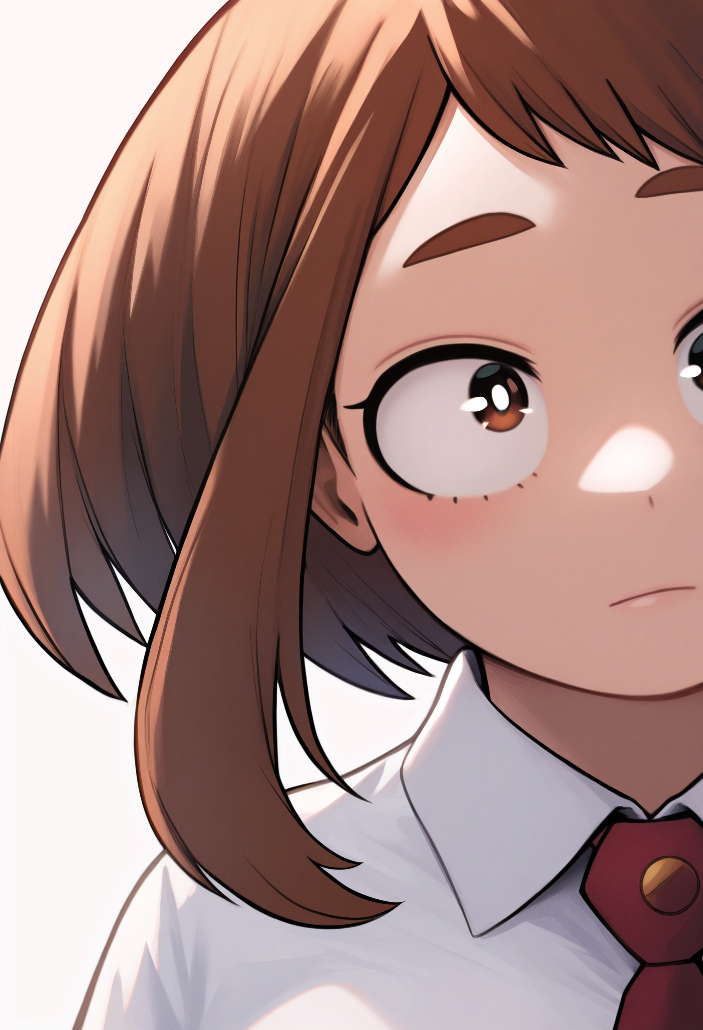 1girl, solo, portrait, uraraka ochako, red necktie, white shirt, 
masterpiece, best quality, <lora:Kohei_Horikoshi-IllustriousV102-guy90:1>, ihshok