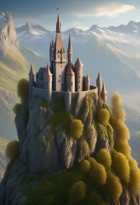 fairy tale castle on a (rock spire), mountain in background, best quality, masterpiece, illustration, realistic, photo-realistic, amazing, finely detail, incredibly absurdres, huge filesize, ultra-detailed, highres, extremely detailed CG unity 8k wallpaper