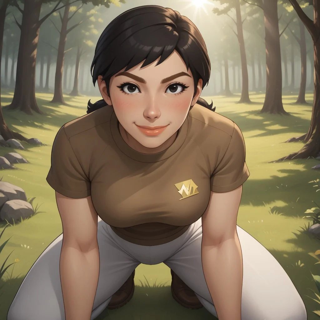 score_9, score_8, BREAK, solo, wii, mii, wii sports, 1girl, female mii, black eyes, black hair, brown eyebrows, lips, brown clothing, white pants, shoes, nintendo mii, modern_mii, classic_mii, breasts, misaki_\(\\wii_sports\\\), cute, blush, sexy pose, smile, outdoors, sunlight, shadows, evening lighting, natural lighting, forest, trees, grass, orange sky, sunset