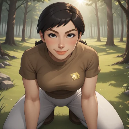 score_9, score_8, BREAK, solo, wii, mii, wii sports, 1girl, female mii, black eyes, black hair, brown eyebrows, lips, brown clothing, white pants, shoes, nintendo mii, modern_mii, classic_mii, breasts, misaki_\(\\wii_sports\\\), cute, blush, sexy pose, smile, outdoors, sunlight, shadows, evening lighting, natural lighting, forest, trees, grass, orange sky, sunset