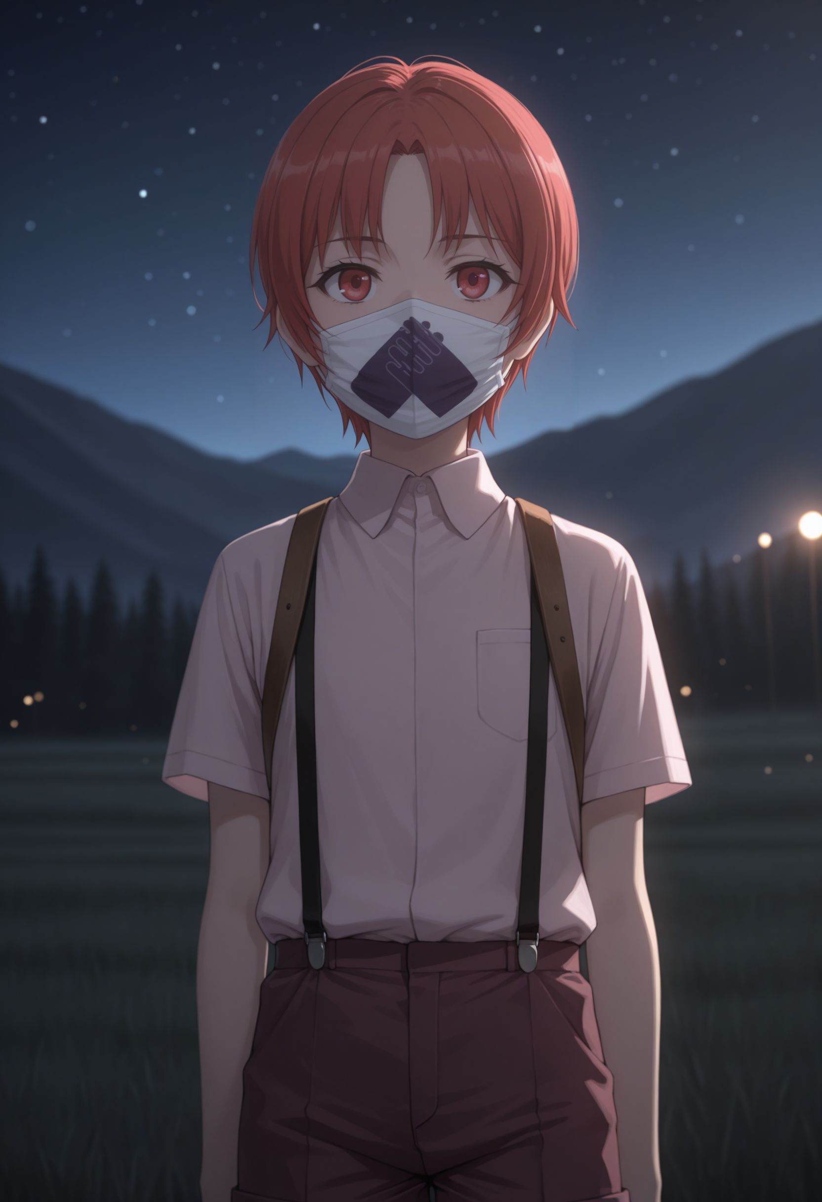 masterpiece,best quality,absurdres,highres,very aesthetic,high quality,detailed,insanely detailed,beautiful,perfect lighting, ,depth of field,blurry background,bokeh, standing,, looking at viewer, slight smile, upper body, nighttime, mountains, grey rocks, stars, outdoors background, high resolution, ultra-detailed, absurdres
 <lora:Izumi Rita Illu :1> 1girl, short hair, red hair, , red eyes, mouth mask, , suspenders, collared shirt, short sleeves, pink shirt, shirt, shorts