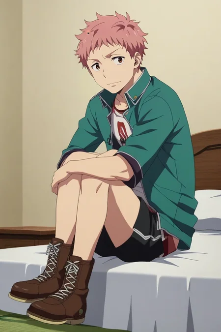 score_9, score_8_up, score_7_up, source_anime, rating_safe, intricate details, anime screencap, anime coloring, official style, looking at viewer, , 1boy, solo, male focus, <lora:renzou_shima_pony:0.94>, renzou_shima, pink hair, brown eyes, short hair, wide angle, wide shot, cowboy shot, bedroom, bed, nightstand, indoors, jumping, wavy mouth, closed mouth, male Legal age Lean, Indigenous peoples of the America, Emerald eyes, Unusual Ears, Protruding Chin with Cleft, Receding Jaw, Artistic Tattoos, Jaw, Sandy Blonde Textured quiff hair, Curiosity, wearing Hiking shorts, Chevron Leather jacket, Chukka boots, , andQuiver (for arrows), Sitting with legs crossed, appearing relaxed and open-minded, <lora:sdxl_lightning_8step_lora:1>