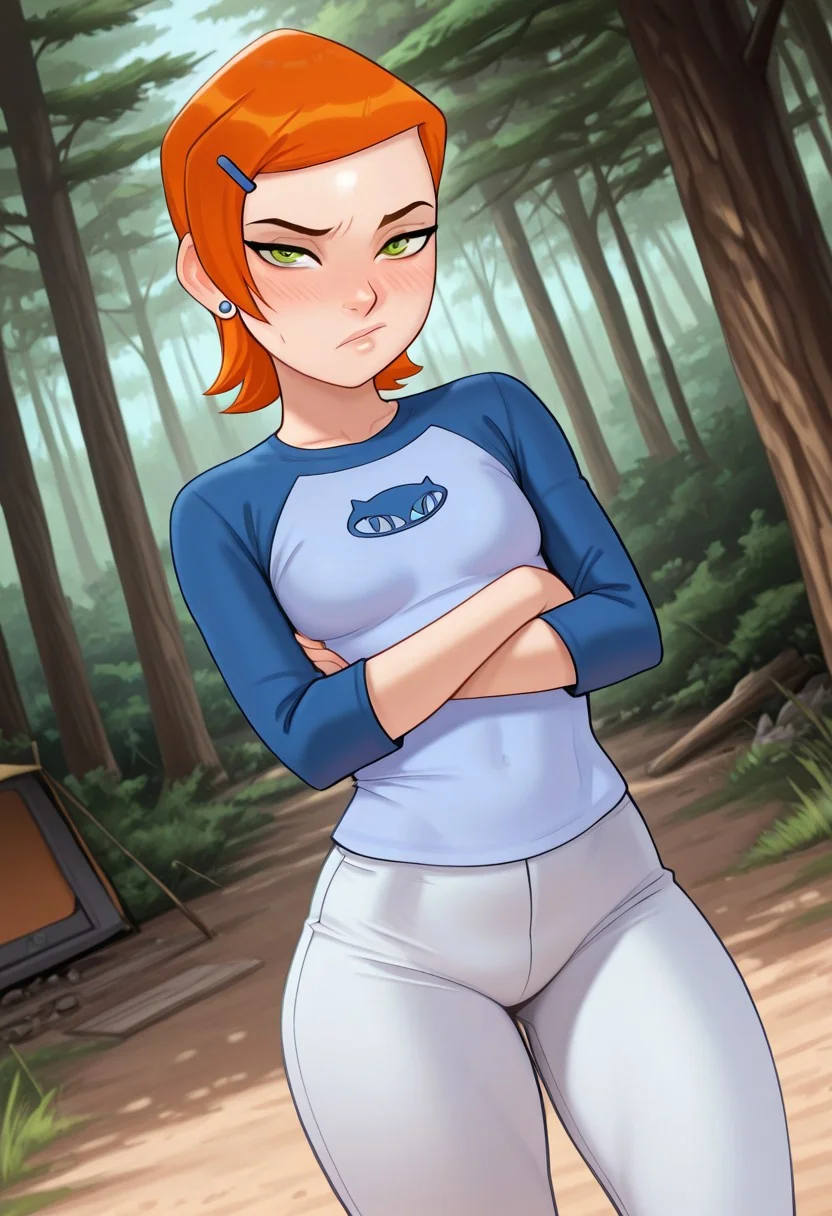 score_9, score_8_up. score_7_up, masterpiece, detailed, detailed, perfect face, perfecteyes,1 girl,(covered small breasts,), side angle, (thick thighs),wide hips, standing, solo, Gwen_Tennyson, orange hair, short hair, green eyes, earrings,blue shirt, white pants,(front view),looking at viewer, arms crossed ,stern face,blush,in forest, campsite,day,extreme close-up,andilf