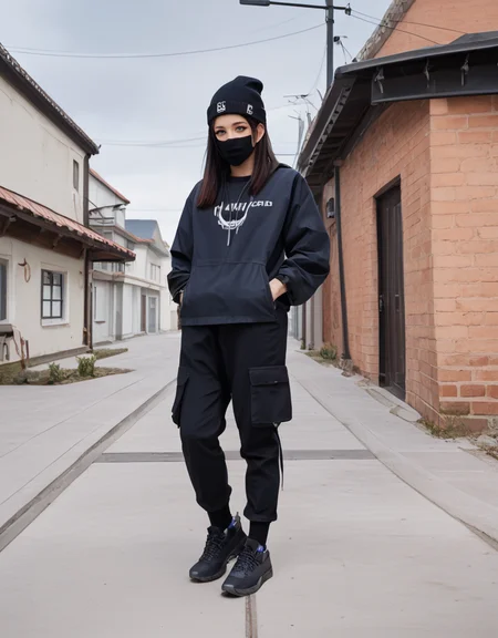 zPDXL2, <lora:TechwearV2:1>, t3chwear,
1girl, cute face, detailed eyes, long black hair, blue eyes, black face mask, black beanie, walking on a sidewalk, headphones, hands in pockets, full body