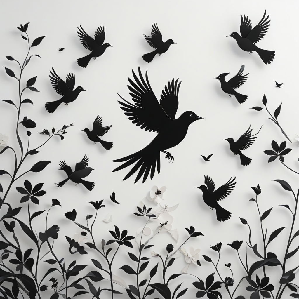 A minimalist and stylized illustration featuring a collection of birds and flowers rendered in black silhouettes. The birds are depicted in various poses, including flying, perching, and standing, with clean and simple lines that create a striking contrast against the white background. The flowers are designed with geometric patterns, adding a modern touch to the natural elements. The composition is sparse and elegant, with ample white space that emphasizes the shapes and forms of the birds and flowers. The overall design is contemporary and visually appealing, showcasing the beauty of nature through a minimalist lens
 <lora:artfullyBIRDS_SDXL_V1:.8>