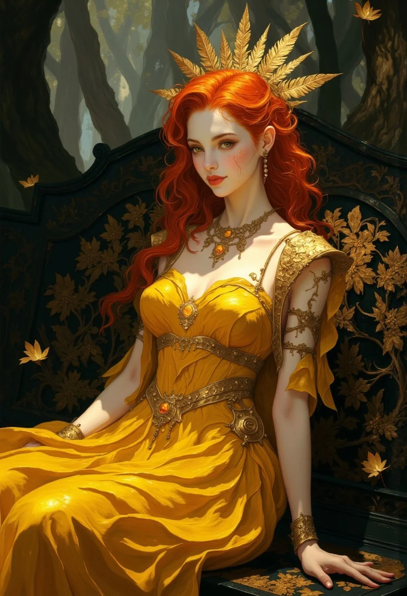 A stunning portrait of a regal and ethereal woman seated gracefully on an intricately decorated bench in a mystical forest setting. Her vibrant red hair is elegantly styled in a loose updo, adorned with a golden, feather-like crown that radiates outward, exuding an aura of majesty and nature-inspired beauty. Her piercing gaze at the viewer is soft yet commanding, and her makeup features subtle tones that enhance her natural elegance, with a focus on her delicately painted eyes and glossy lips with a gentle smile. She wears a flowing, vibrant yellow gown that hugs her figure, made of a shimmering, silk-like fabric with subtle folds and natural drapery. The dress features thin, golden straps that complement her warm complexion. Her shoulders are adorned with ornate golden pauldrons embellished with fine feathered details, blending elements of fantasy and royalty. Around her neck is a delicate gold choker with a small, glowing gemstone at its center, further emphasizing her regal status. The background is a dark, enchanted forest with soft light filtering through the trees, creating a mystical atmosphere. Shadows and highlights interplay on her dress and skin, enhancing the realism of the scene while maintaining an otherworldly glow. The bench she sits on is black with intricate golden carvings of floral patterns, adding to the elegance and refinement of the composition.