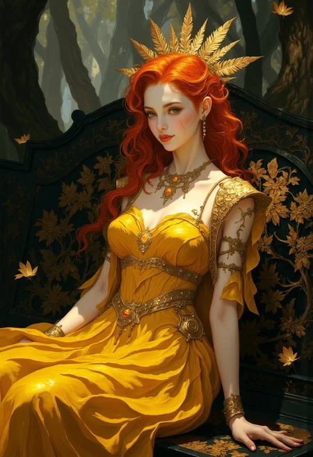 A stunning portrait of a regal and ethereal woman seated gracefully on an intricately decorated bench in a mystical forest setting. Her vibrant red hair is elegantly styled in a loose updo, adorned with a golden, feather-like crown that radiates outward, exuding an aura of majesty and nature-inspired beauty. Her piercing gaze at the viewer is soft yet commanding, and her makeup features subtle tones that enhance her natural elegance, with a focus on her delicately painted eyes and glossy lips with a gentle smile. She wears a flowing, vibrant yellow gown that hugs her figure, made of a shimmering, silk-like fabric with subtle folds and natural drapery. The dress features thin, golden straps that complement her warm complexion. Her shoulders are adorned with ornate golden pauldrons embellished with fine feathered details, blending elements of fantasy and royalty. Around her neck is a delicate gold choker with a small, glowing gemstone at its center, further emphasizing her regal status. The background is a dark, enchanted forest with soft light filtering through the trees, creating a mystical atmosphere. Shadows and highlights interplay on her dress and skin, enhancing the realism of the scene while maintaining an otherworldly glow. The bench she sits on is black with intricate golden carvings of floral patterns, adding to the elegance and refinement of the composition.