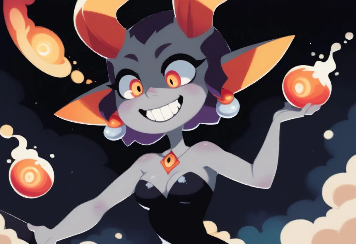 score_9,score_8_up,score_7_up, evleyxl, grey skin, short hair, facial mark, pointy ears, bare shoulders, black strapless dress, pearl earrings, evil, smile, teeth, magic pressure, hip sway, horns