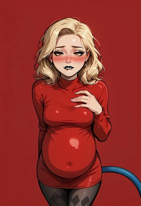 score_9, score_8_up, score_7_up, 1girl, shoulder length blonde hair, brown eyes, black eyeshadow, black mascara, black lipstick, thin eyebrows, curtain bangs, sidelocks, (messy hair), (half-closed-eyes:1.4), (naughty face), (three quarter view), bored, (looking at belly), toned, (selfie:0.4), diffused lighting, dynamic lighting, standing, tight belly, hand resting on belly, leaning back, axel_rosered, hornaroublush, hose in butt, plain background, inflated belly, ruanyi0965,red dress,short dress,black pantyhose,argyle legwear,turtleneck,bottomless,long sleeves,
