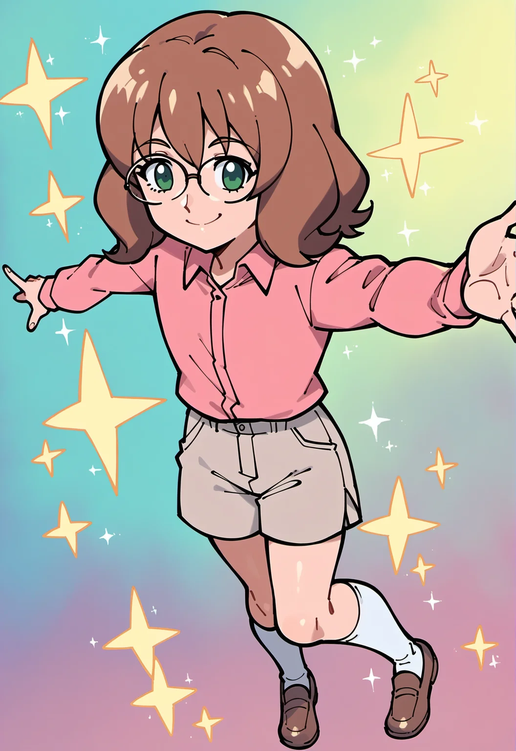 score_9, score_8_up, score_7_up, score_6_up,
BREAK
SharlaMWS, 1girl, sharla \(mujin wakusei survive\), green eyes, glasses, brown hair, medium hair, bangs, solo, small breast, full body, smile, closed mouth, from above, dynamic pose, reaching
BREAK
pink collared shirt, long sleeves, brown shorts, white legwear, brown shoes
BREAK
wide shot, abstract background, multicolored background, gradient background, sparkle background, <lora:Sharla_PlanetSurvival:1>