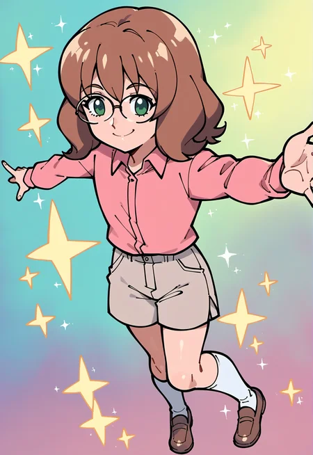 score_9, score_8_up, score_7_up, score_6_up,
BREAK
SharlaMWS, 1girl, sharla \(mujin wakusei survive\), green eyes, glasses, brown hair, medium hair, bangs, solo, small breast, full body, smile, closed mouth, from above, dynamic pose, reaching
BREAK
pink collared shirt, long sleeves, brown shorts, white legwear, brown shoes
BREAK
wide shot, abstract background, multicolored background, gradient background, sparkle background, <lora:Sharla_PlanetSurvival:1>