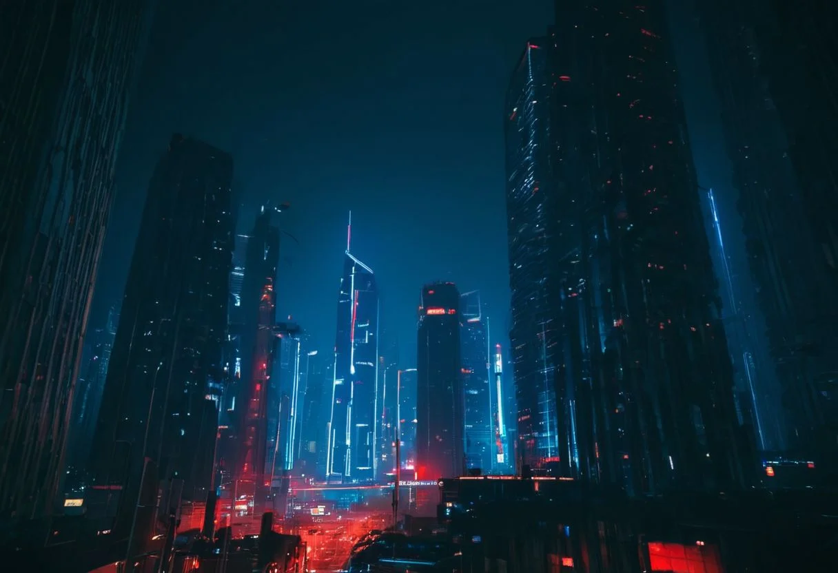 night cityscape, skyscrapers, illuminated buildings, neon lights, urban skyline, futuristic, cyberpunk aesthetic, red and blue tones, low ambient light, atmospheric haze, street lamps, architectural lighting, high-rise towers, city glow, modern metropolis, dynamic composition, wide shot