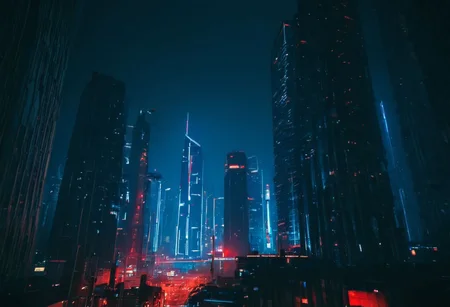 night cityscape, skyscrapers, illuminated buildings, neon lights, urban skyline, futuristic, cyberpunk aesthetic, red and blue tones, low ambient light, atmospheric haze, street lamps, architectural lighting, high-rise towers, city glow, modern metropolis, dynamic composition, wide shot