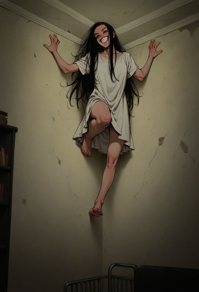 score_9, score_8_up, score_7_up, 1girl, solo, p0ssessed, ceiling, corner. wall, low angle, view from below, against wall, ghost, white dress, long hair, black hair, room, dark, low light, night, barefoot, feet, sinozick style, flat color, dark theme, pale skin, evil grin,