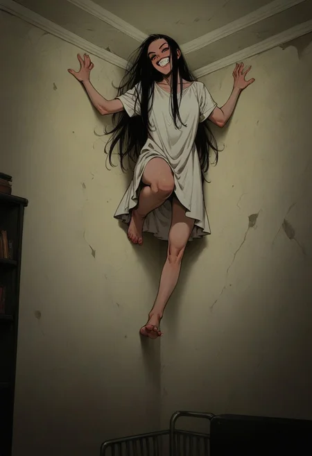 score_9, score_8_up, score_7_up, 1girl, solo, p0ssessed, ceiling, corner. wall, low angle, view from below, against wall, ghost, white dress, long hair, black hair, room, dark, low light, night, barefoot, feet, sinozick style, flat color, dark theme, pale skin, evil grin,
