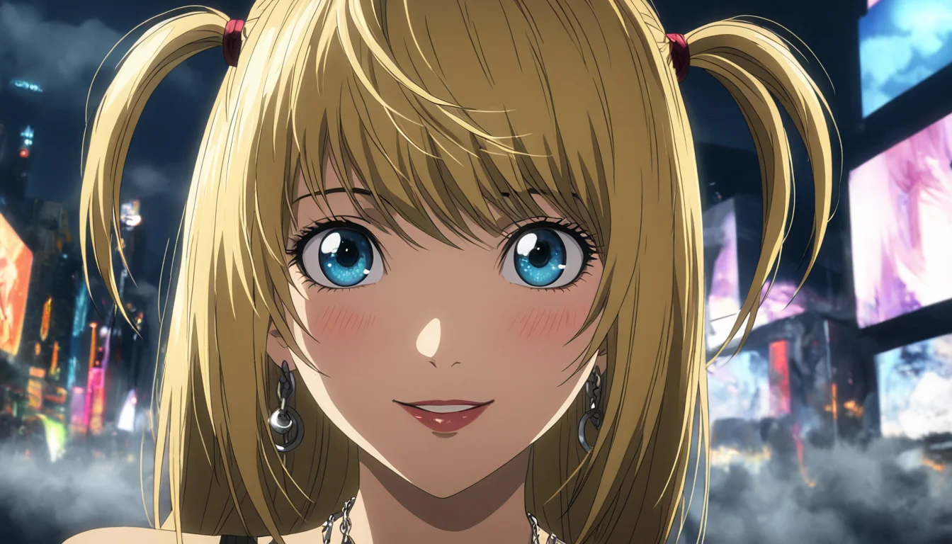 1girl, portrait of Misa Amane, death note, Modern Anime, adult female, From Death Note anime, best quality, 8K, DSLR quality, Bloom Lighting, Good Face, Beautiful Face, Slim, highly detailed, glow, extreme details, fog, smoke, blond hair, full body, long shot, wide shot, happy, smile, perfect eyes, <lora:perfect-eyes:1>, perfecteyes, eyes reflection, detailed eyes, upper body, hdr quality, full of color, smoke, cinematic, night, moon light, 2010s, windy, hair swaying in wind, purple nail polish, nigh time, blue eyes, grainy, chromatic aberration, adult woman, Depth of field effect, uwu, cute, blush, perfecteyes, eyes reflection, detailed eyes, upper body, shy smile, hdr quality, hands doing cute pose, full of color, smoke, detailed hands, 5 fingers, good hands, cinematic, in city, times square, no crowd, <lora:misa_amane-step00000862:1>