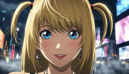 1girl, portrait of Misa Amane, death note, Modern Anime, adult female, From Death Note anime, best quality, 8K, DSLR quality, Bloom Lighting, Good Face, Beautiful Face, Slim, highly detailed, glow, extreme details, fog, smoke, blond hair, full body, long shot, wide shot, happy, smile, perfect eyes, <lora:perfect-eyes:1>, perfecteyes, eyes reflection, detailed eyes, upper body, hdr quality, full of color, smoke, cinematic, night, moon light, 2010s, windy, hair swaying in wind, purple nail polish, nigh time, blue eyes, grainy, chromatic aberration, adult woman, Depth of field effect, uwu, cute, blush, perfecteyes, eyes reflection, detailed eyes, upper body, shy smile, hdr quality, hands doing cute pose, full of color, smoke, detailed hands, 5 fingers, good hands, cinematic, in city, times square, no crowd, <lora:misa_amane-step00000862:1>