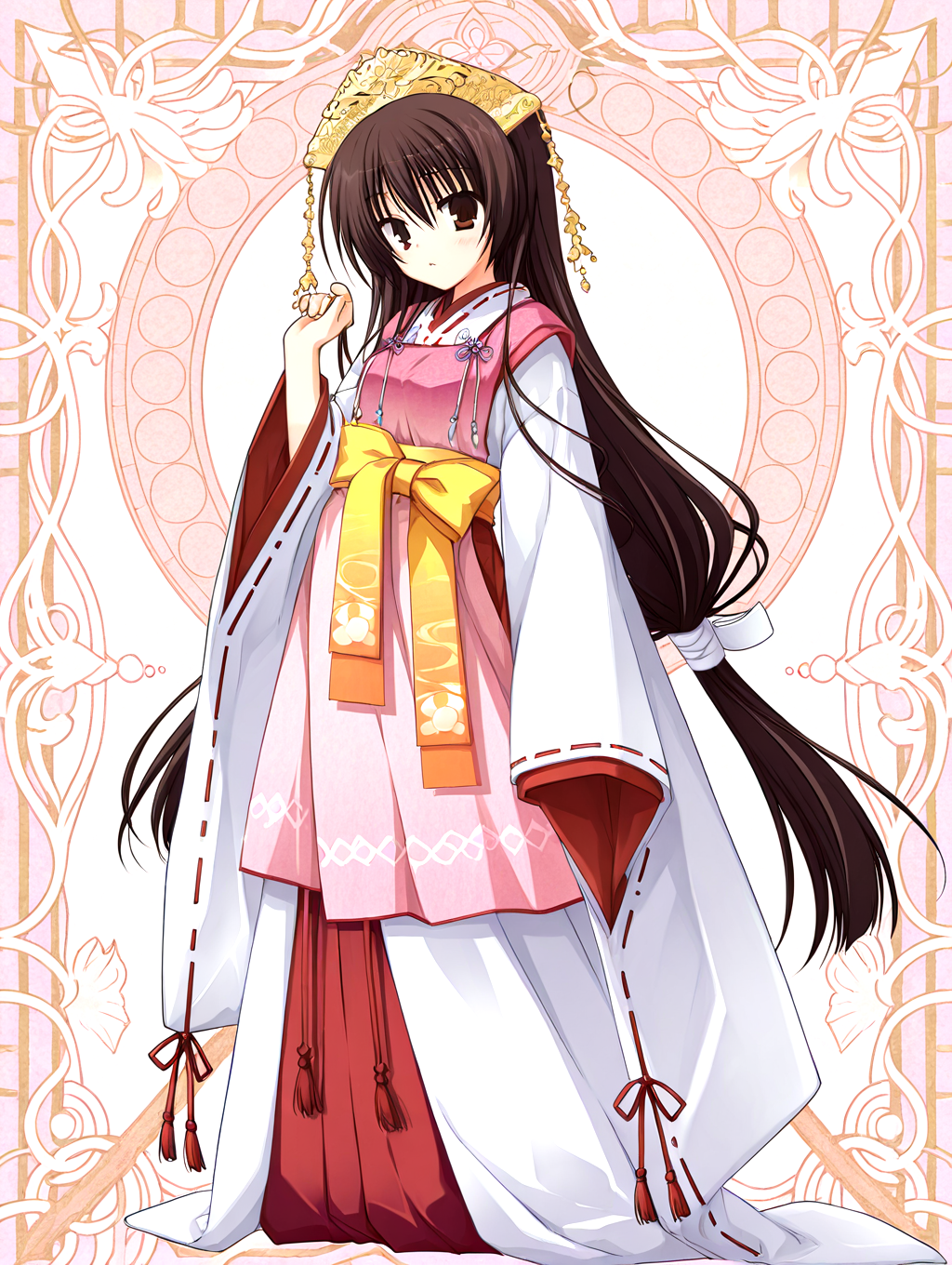 <lora:sakuyahime-tenshin-000009:1>,il-unohana-sakuya,1girl,ukami outfit,solo,japanese clothes,brown hair,
very long hair,yellow bow on waist,ribbon-trimmed sleeves,miko,pink wide shoulder strap out layer,white outer long under layer,elegant white gown with back trailing hem,red layer skirt inner,
<lora:add-detail-xl:1>,<lora:ponyv4_noob1_2_adamW-000017:0.8>,wear clothes,