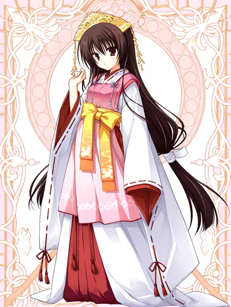 <lora:sakuyahime-tenshin-000009:1>,il-unohana-sakuya,1girl,ukami outfit,solo,japanese clothes,brown hair,
very long hair,yellow bow on waist,ribbon-trimmed sleeves,miko,pink wide shoulder strap out layer,white outer long under layer,elegant white gown with back trailing hem,red layer skirt inner,
<lora:add-detail-xl:1>,<lora:ponyv4_noob1_2_adamW-000017:0.8>,wear clothes,