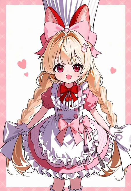 score_9, score_8_up, score_7_up, 1girl, solo, portrait, cute, adorable, crust (nikke), blonde hair, twin braids, long hair, hair bow, hair ornament, chef hat, pink dress, white apron, white gloves, white socks, red shoes, bow, ribbon, red eyes, petite, flat chest, narrow waist, looking at viewer, happy, smile, standing,