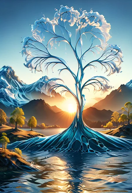 UHD, masterpiece, high quality, extremely details, intricate details, sharp focus, realistic, OverallDetailXL, sss
a tree made of ((water)) ,((ais-wvs)), lake surrounded by mountains,sun sunlight, sunray ,sunset